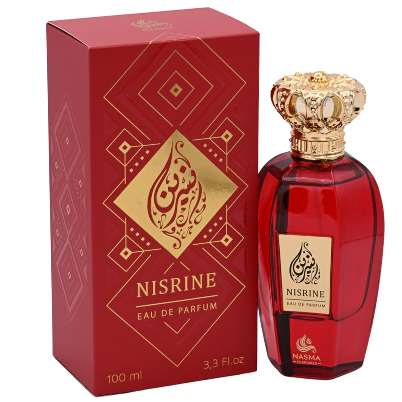 Red Nisrine perfume bottle and packaging on a white background