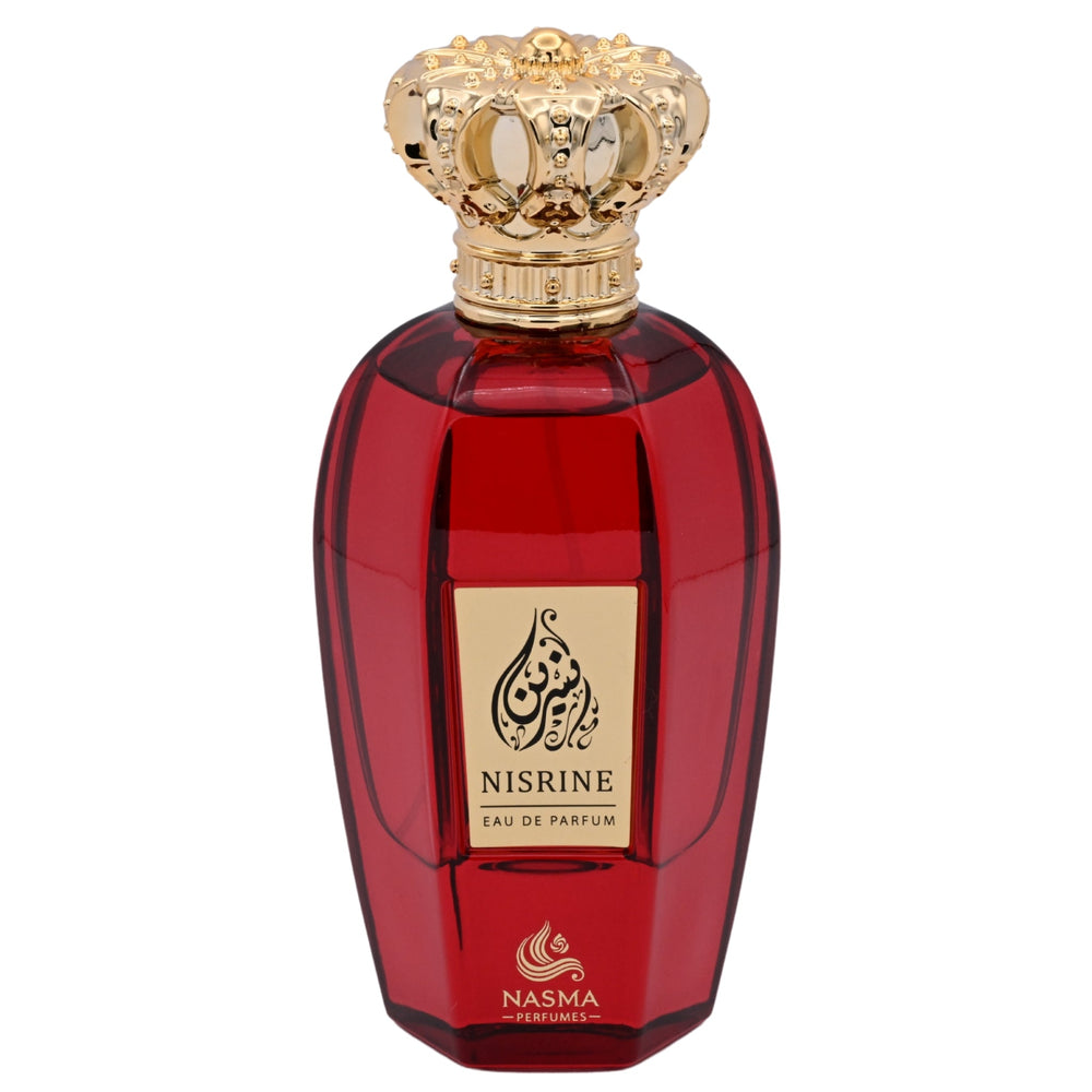 Red perfume bottle with gold cap on a white background